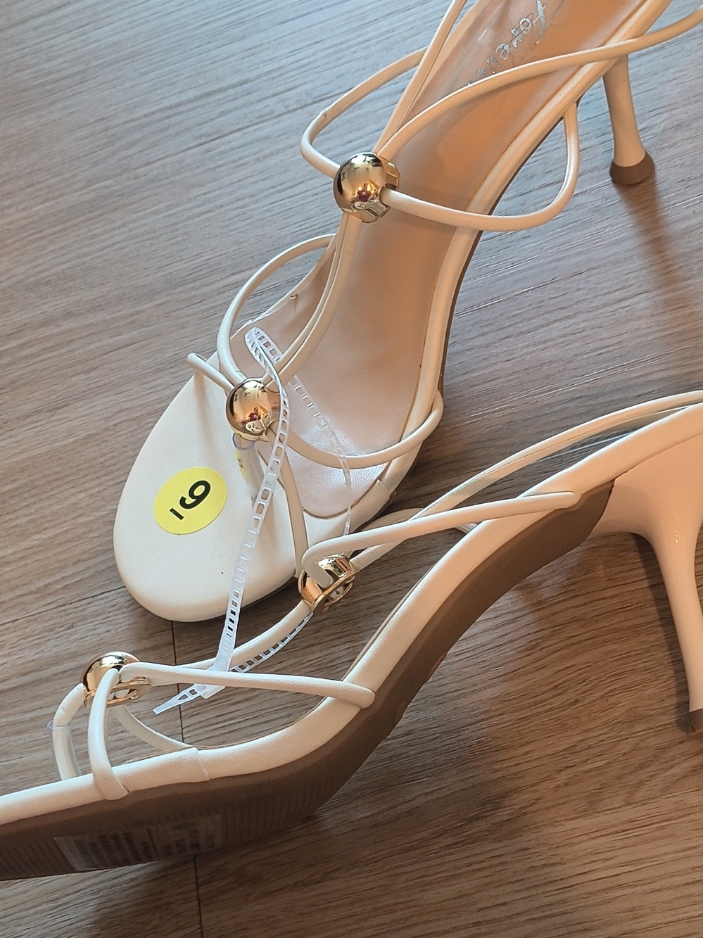 Forever 21 White Strappy Heeled Sandals with Gold Accent Orbs